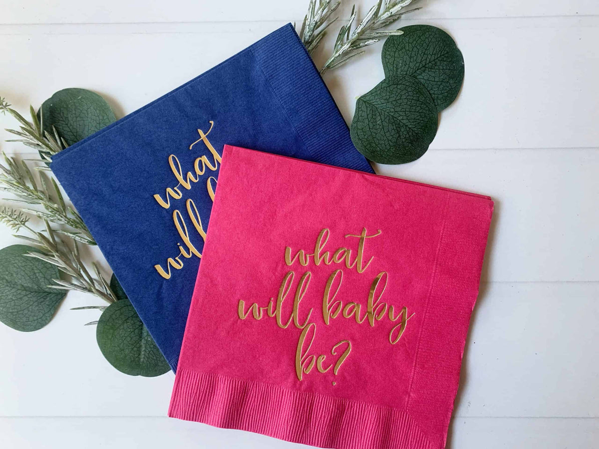 What Will Baby Be Napkins Hot Pink Navy - Gender Reveal Baby Shower Luncheon Napkins Set of 16