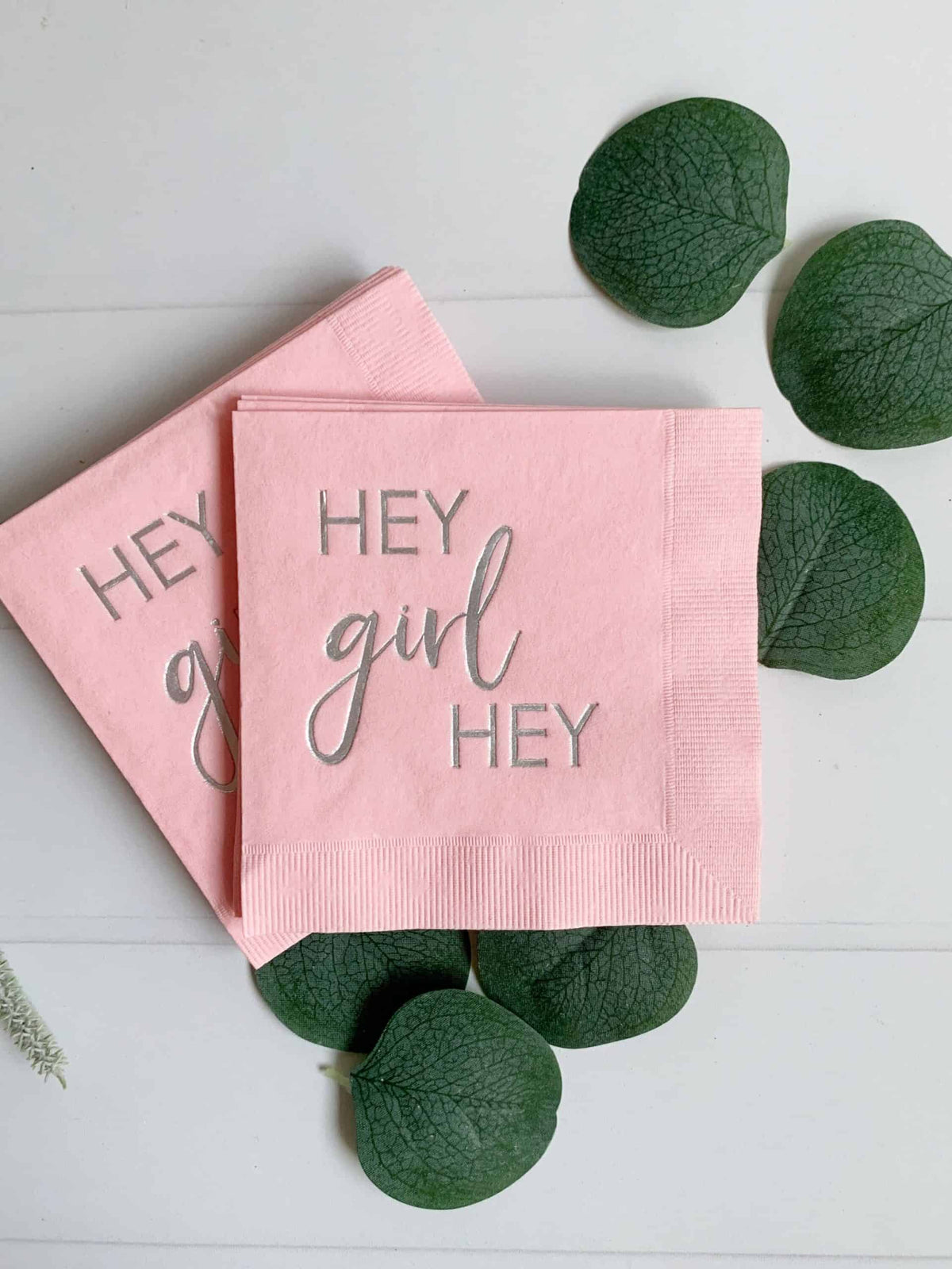 Hey Girl Hey Napkins Blush Pink Silver Foil - Baby Shower Bachelorette Cocktail Napkins Set of 16