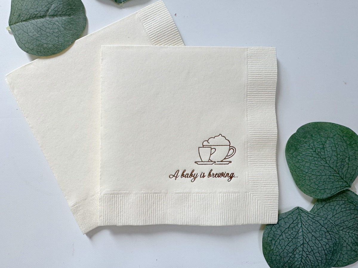 A Baby Is Brewing – Coffee Baby Shower Cocktail Napkins | Bronze on Ivory