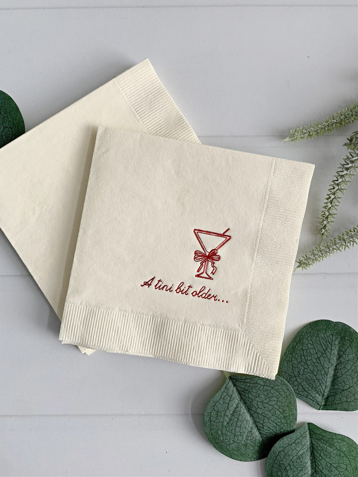 A Tini Bit Older Birthday Martini Napkins - Sophisticated Martini Party Napkins - Red and Ivory Colo