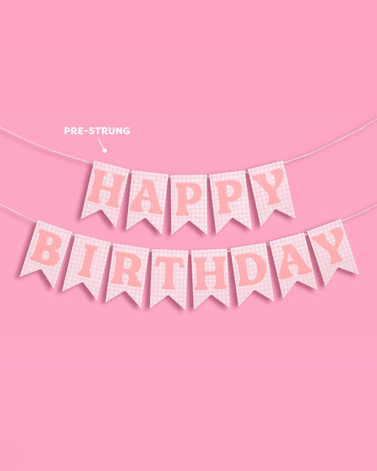 Gingham Birthday Banner - pre-strung banner