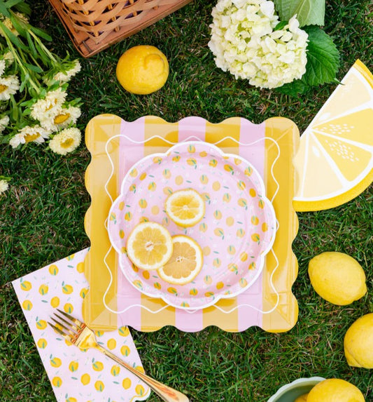 Yellow & Pink Striped Scalloped Square Plate