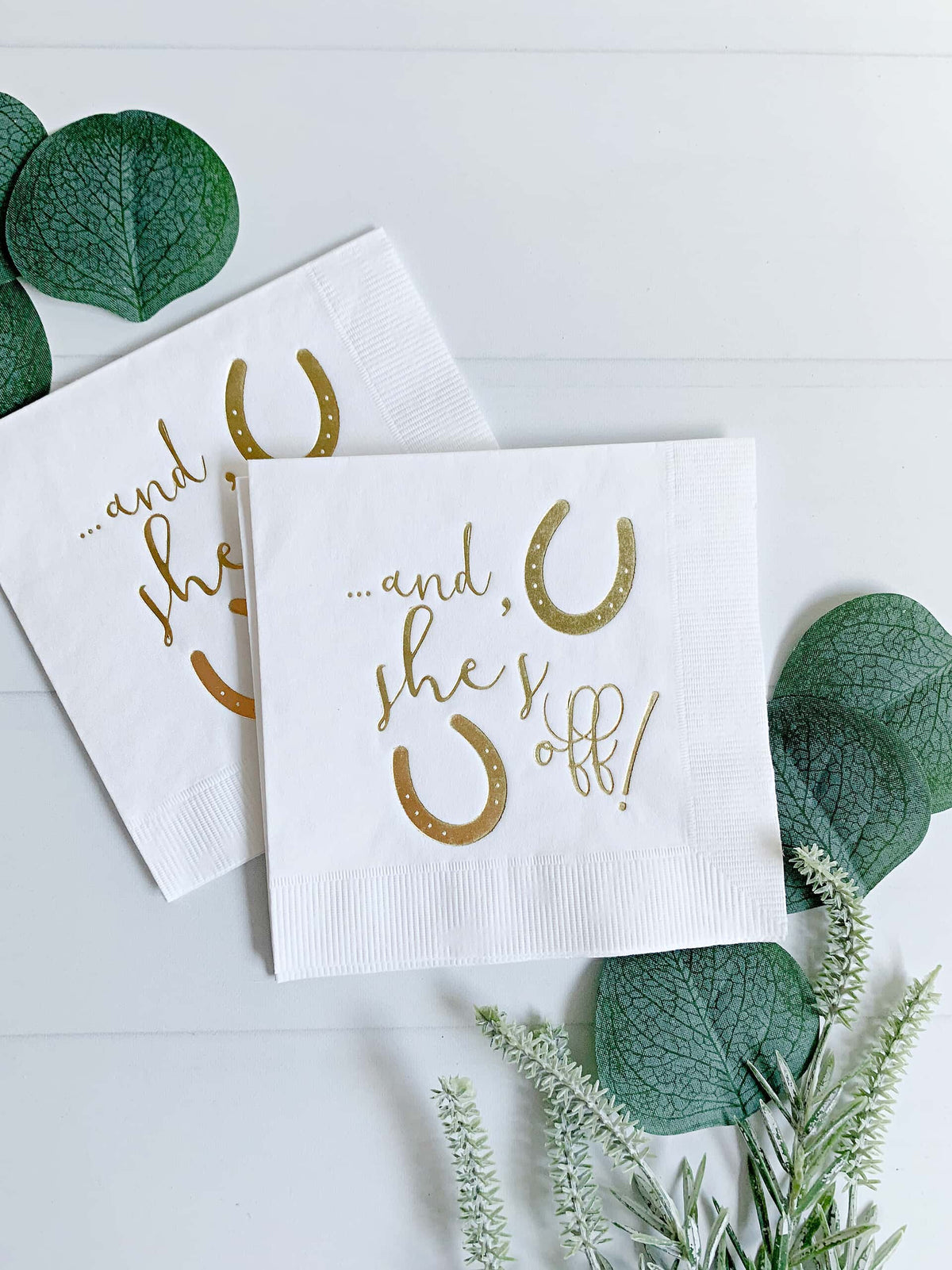 And She's Off Derby Napkins - Luxury Party Supplies Gold Foil White