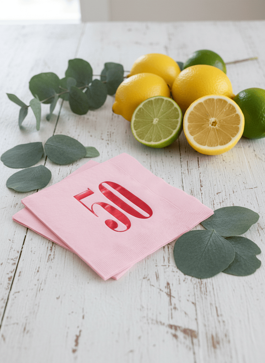 50th Birthday Napkins Pink & Red - Set of 16 Cocktail Napkins for Party