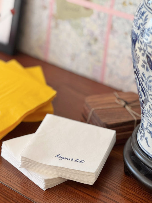 Bonjour Bébé Navy on White Cocktail Napkins | French Country Baby Shower