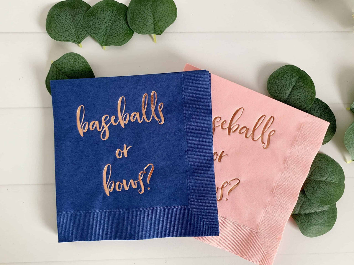 Baseballs or Bows? Gender Reveal Napkins | Blush & Navy Baby Shower