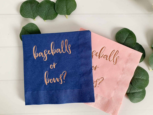 Baseballs or Bows? Gender Reveal Napkins | Blush & Navy Baby Shower