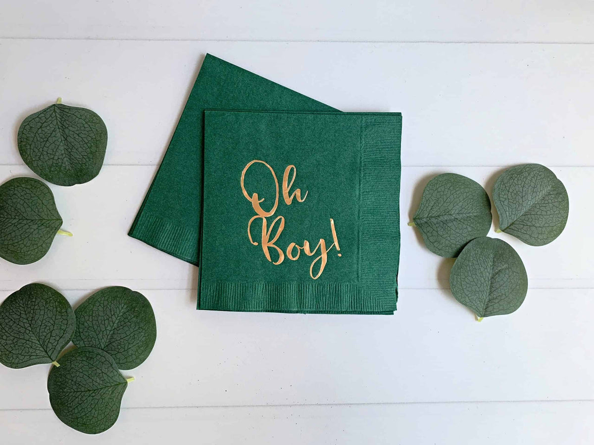 Oh Boy Gold Foil Baby Shower Napkins Forest Green - Cocktail Napkins Set of 16