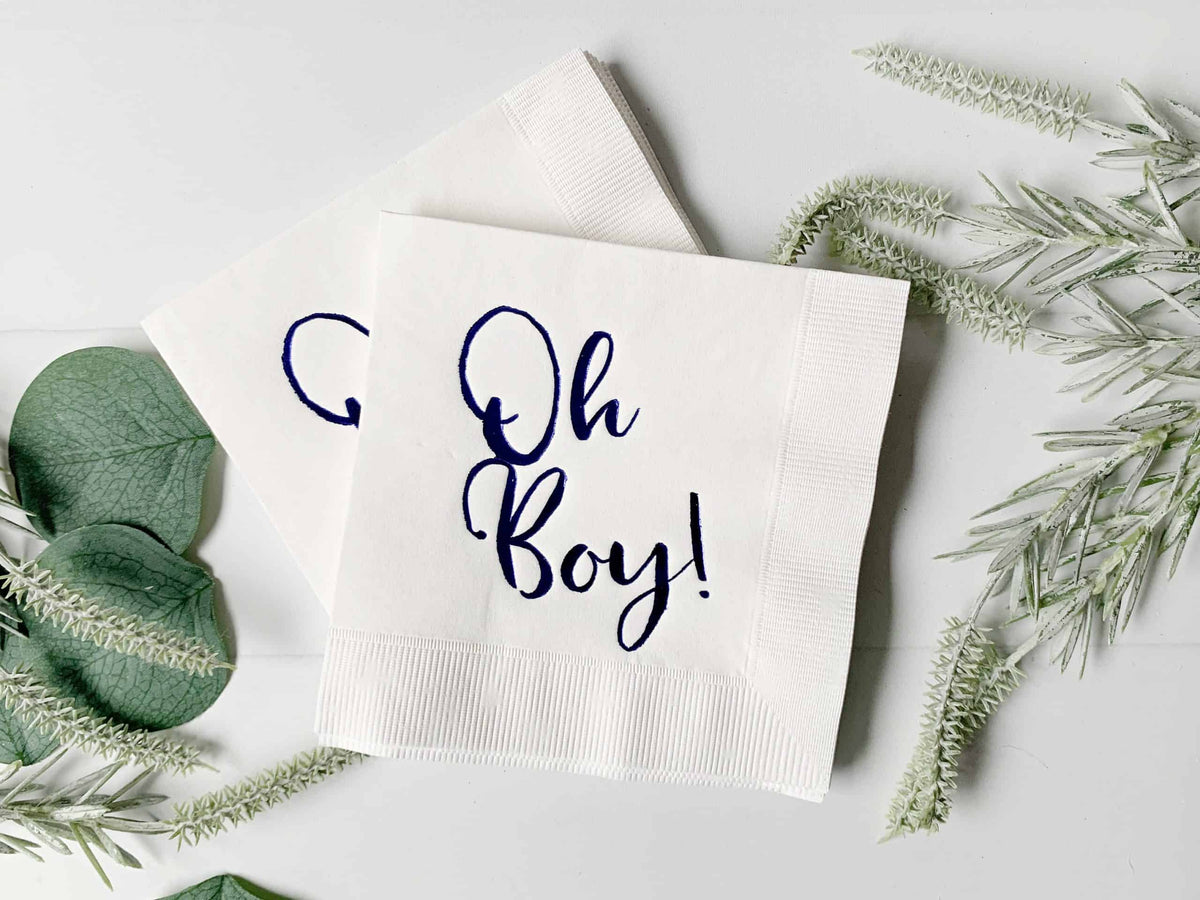 Oh Boy Baby Shower Cocktail Napkins - White with Royal Blue