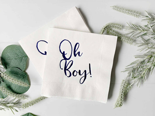 Oh Boy Baby Shower Cocktail Napkins - White with Royal Blue