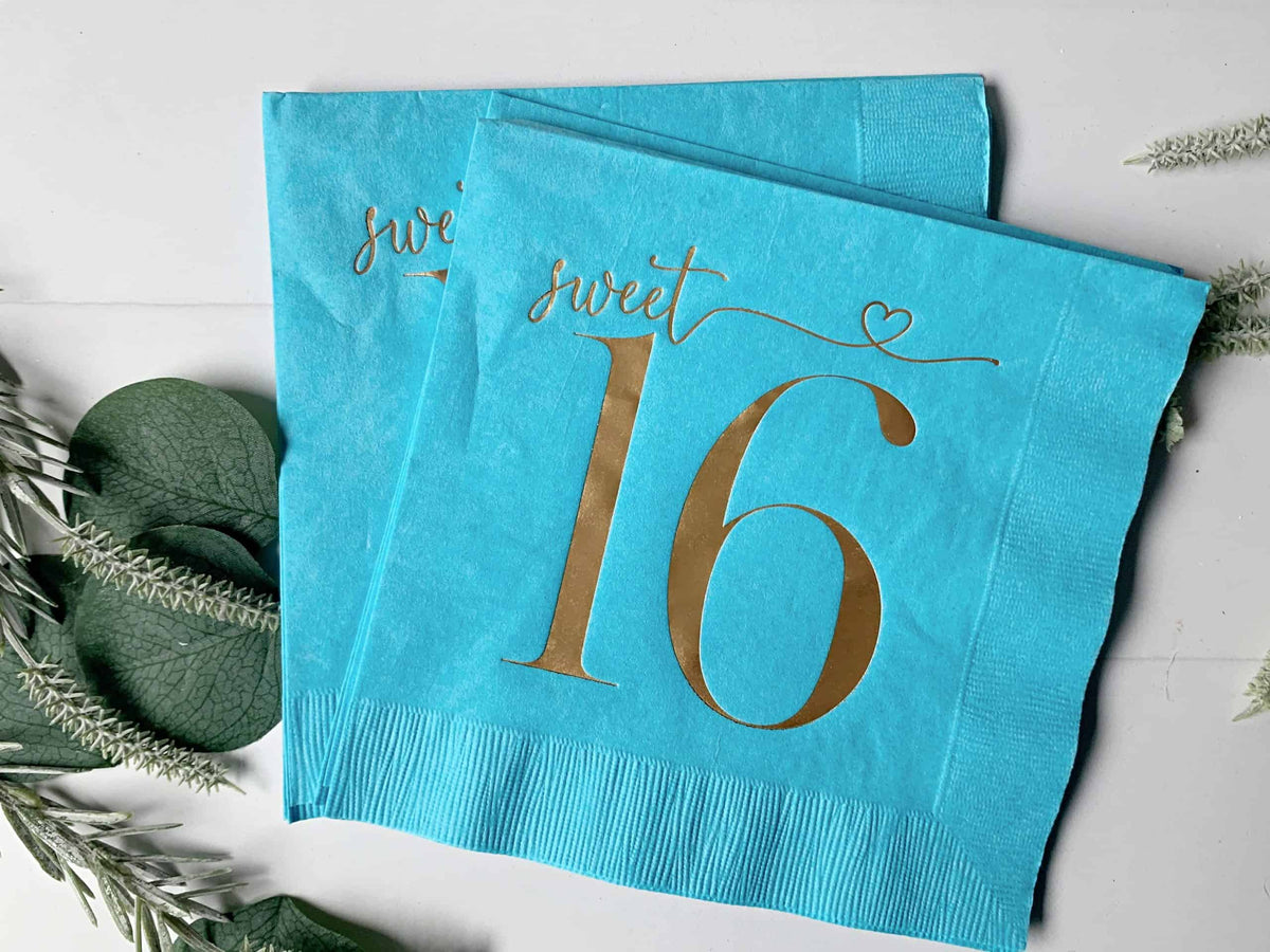 Sweet 16 Napkins Turquoise Gold Foil - Sweet Sixteen Birthday Luncheon Napkins Set of 16