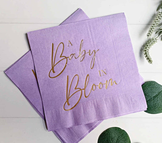 A Baby in Bloom Gold Foil Baby Shower Napkins Lavender - Luncheon Napkins Set of 16