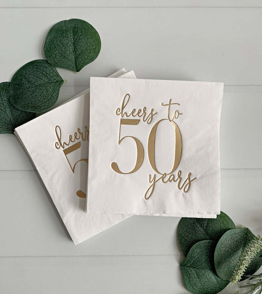 Cheers to 50 Years Cocktail Napkins – White & Gold Foil