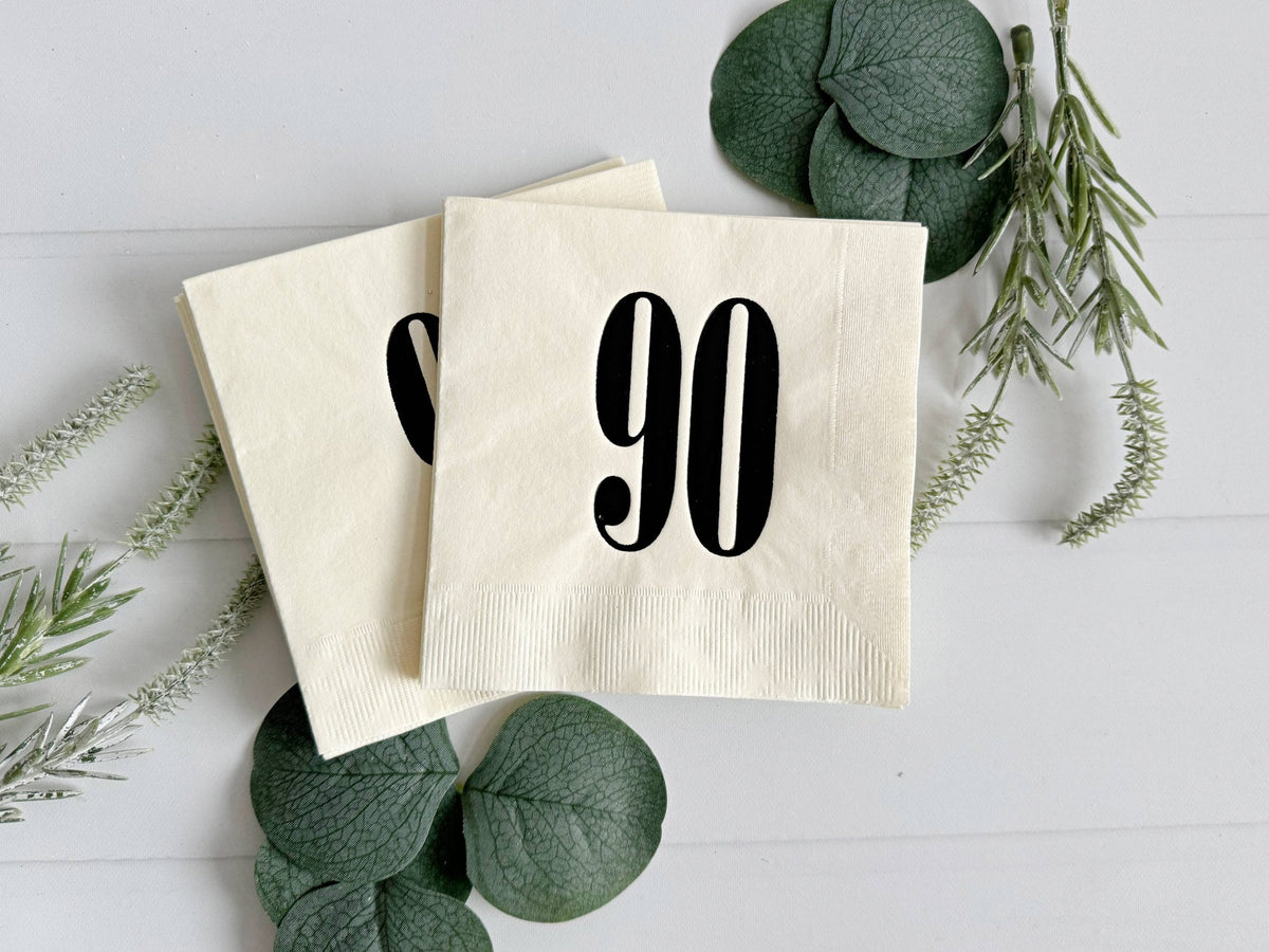 90 Cream & Black Birthday Cocktail Napkins