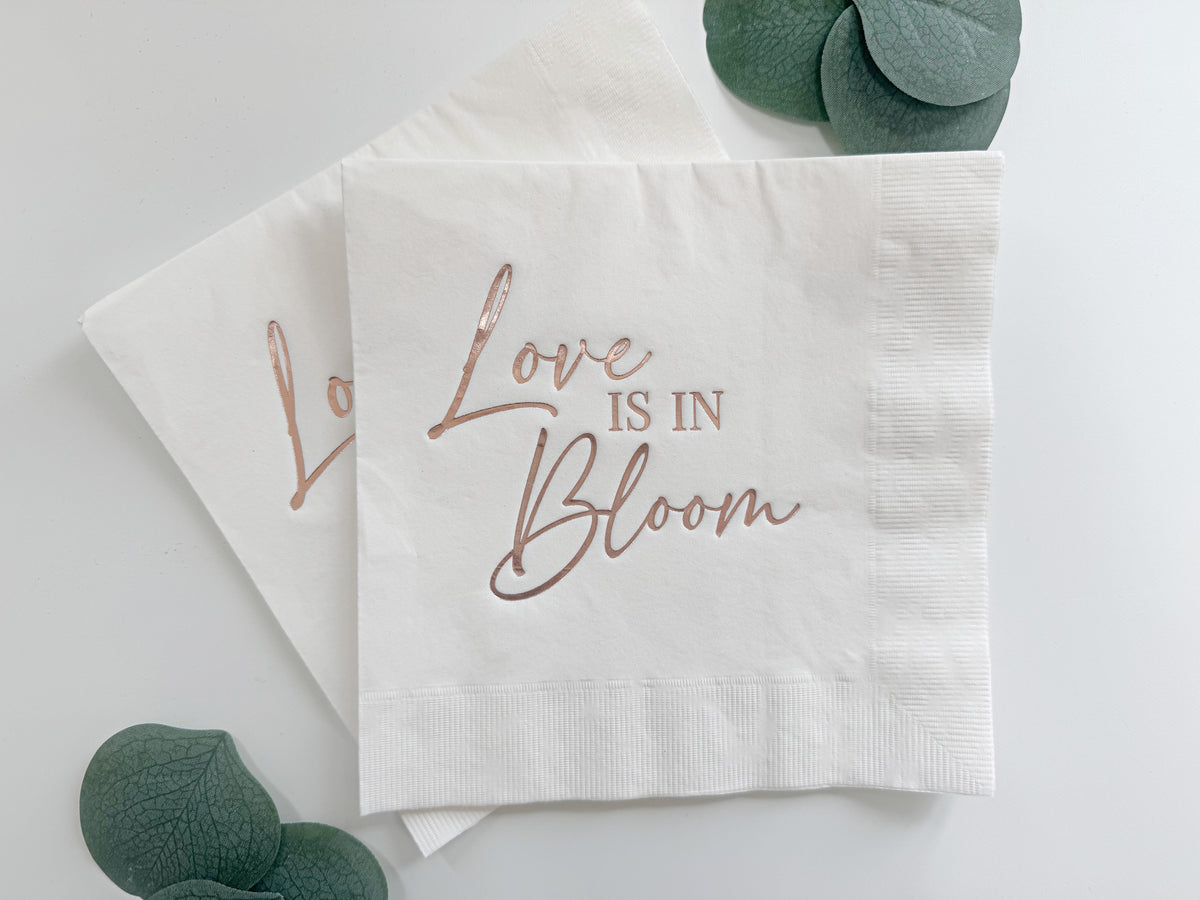 Love is in Bloom Luncheon Napkins | Rose Gold on White Bridal Shower Napkins, Set of 16