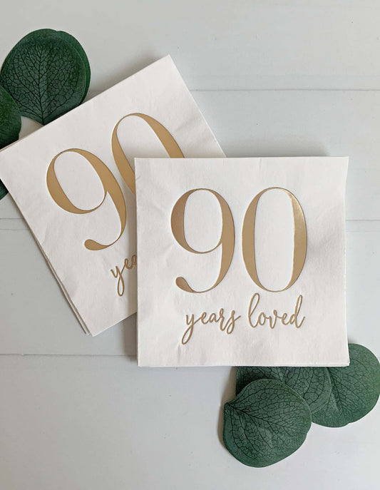 90 Years Loved Cocktail Napkins  - Gold Foil