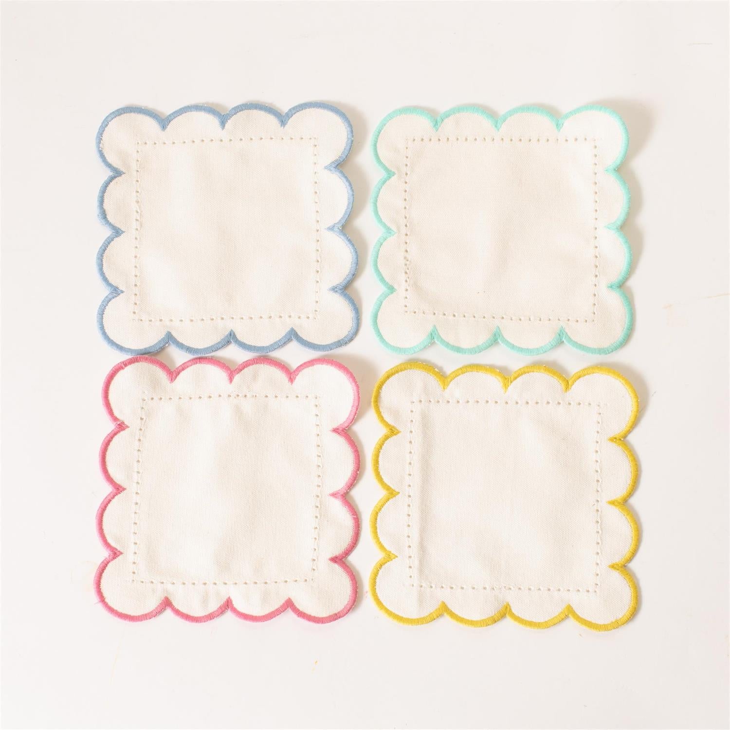Cocktail Napkins - White, Pastel Scalloped Edges (4 Colors)