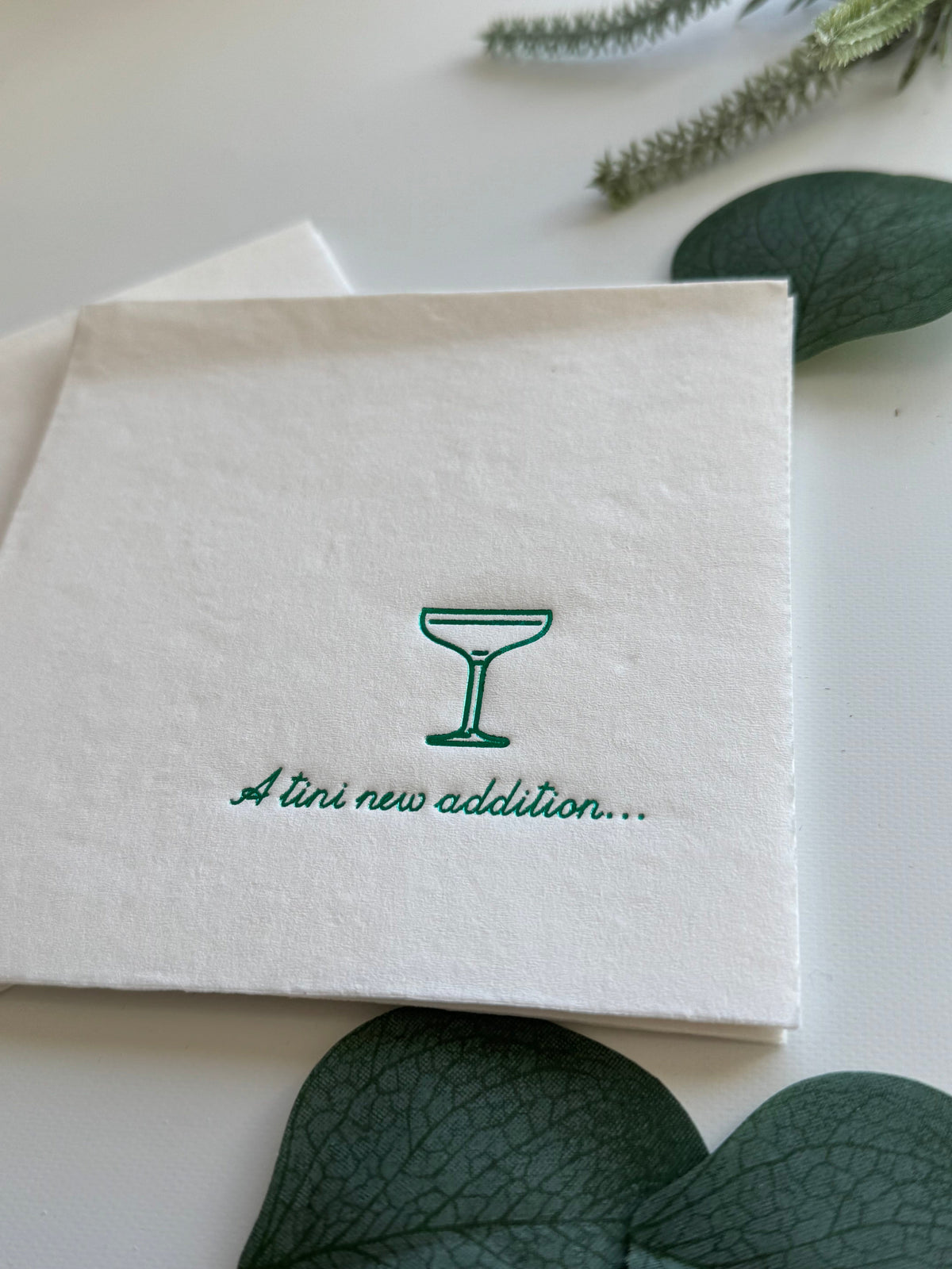 A Tini New Addition Cocktail Napkins - Green Foil on White - Baby Shower Napkins