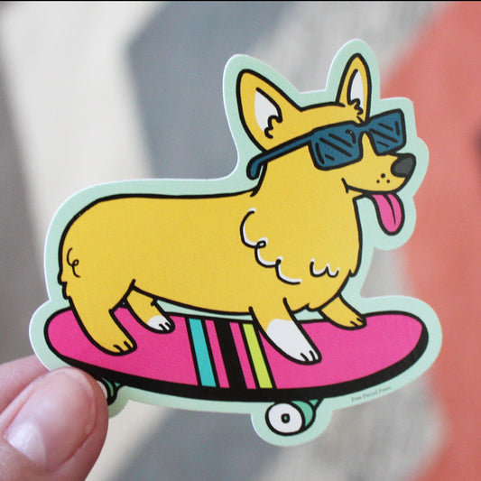 Skateboarding Corgi Vinyl Decal Sticker