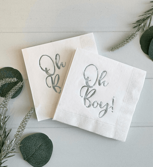 Oh Boy Baby Shower Napkins - Light Blue Foil on White Cocktail Napkins - Slightly Imperfect Printing