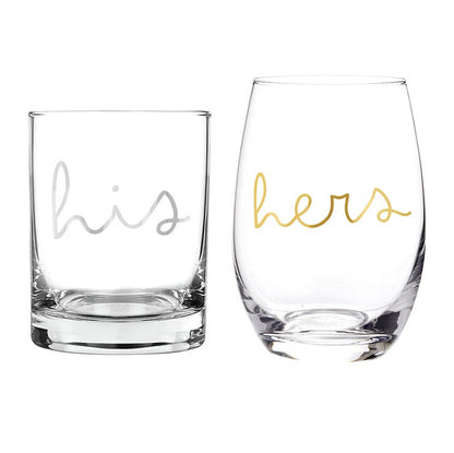 Double Old Fashioned + Stemless Wine Glassware Set - His/Hers