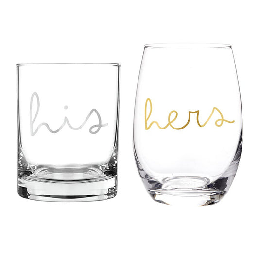 Double Old Fashioned + Stemless Wine Glassware Set - His/Hers