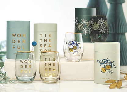Gold Foil Stemless Wine Glass - Green Snowflakes