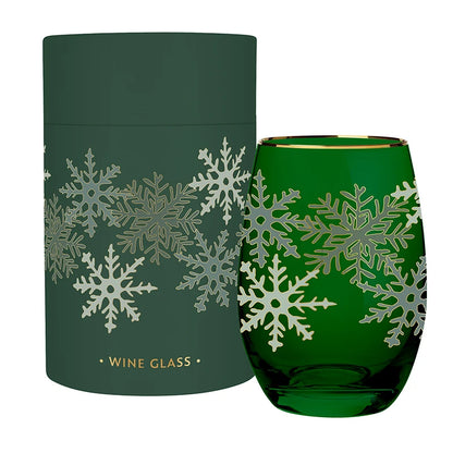 Gold Foil Stemless Wine Glass - Green Snowflakes