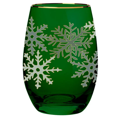 Gold Foil Stemless Wine Glass - Green Snowflakes