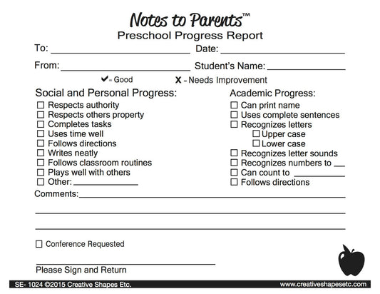 SHAPES ETC. Preschool Progress Report - Notes to Parents