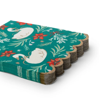 Christmas Floral Swan Print Large Green Napkins