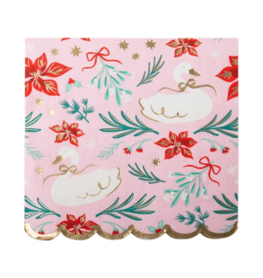 Christmas Floral Swan Print Large Pink Napkins