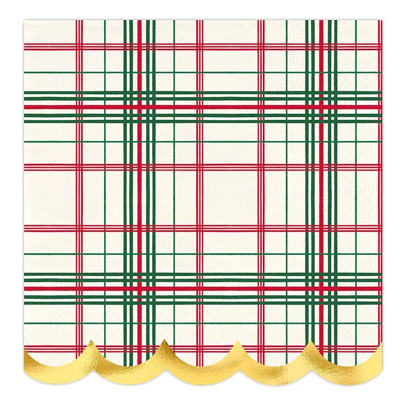 Scalloped Cocktail Napkins - Ivory Plaid