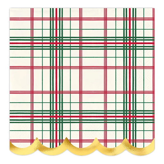 Scalloped Cocktail Napkins - Ivory Plaid