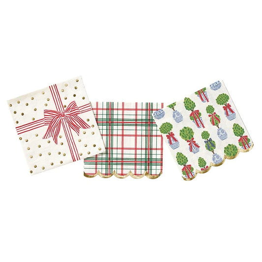 Scalloped Cocktail Napkins - Ivory Plaid
