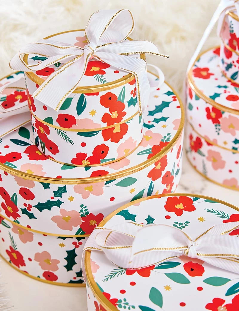 Nested Paper Gift Box - Red Christmas Floral - Set of 3
