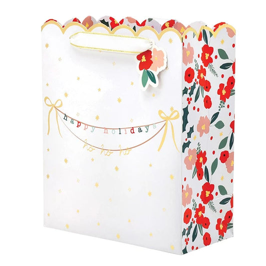 Medium Gift Bag - Happy Holidays + Red Floral
