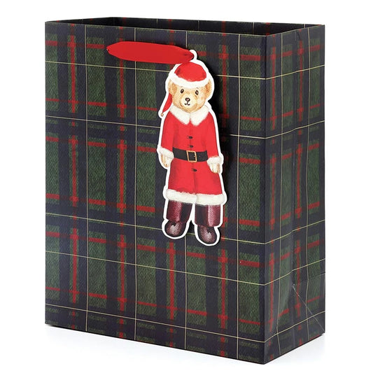 Large Gift Bag - Plaid Santa Bear