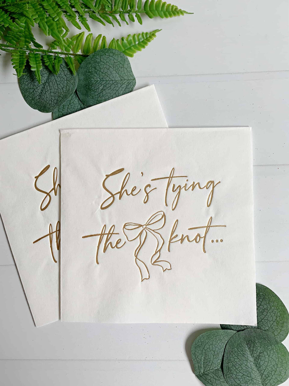 She's Tying the Knot Luncheon Napkins – White & Gold Foil Bridal Shower Napkins