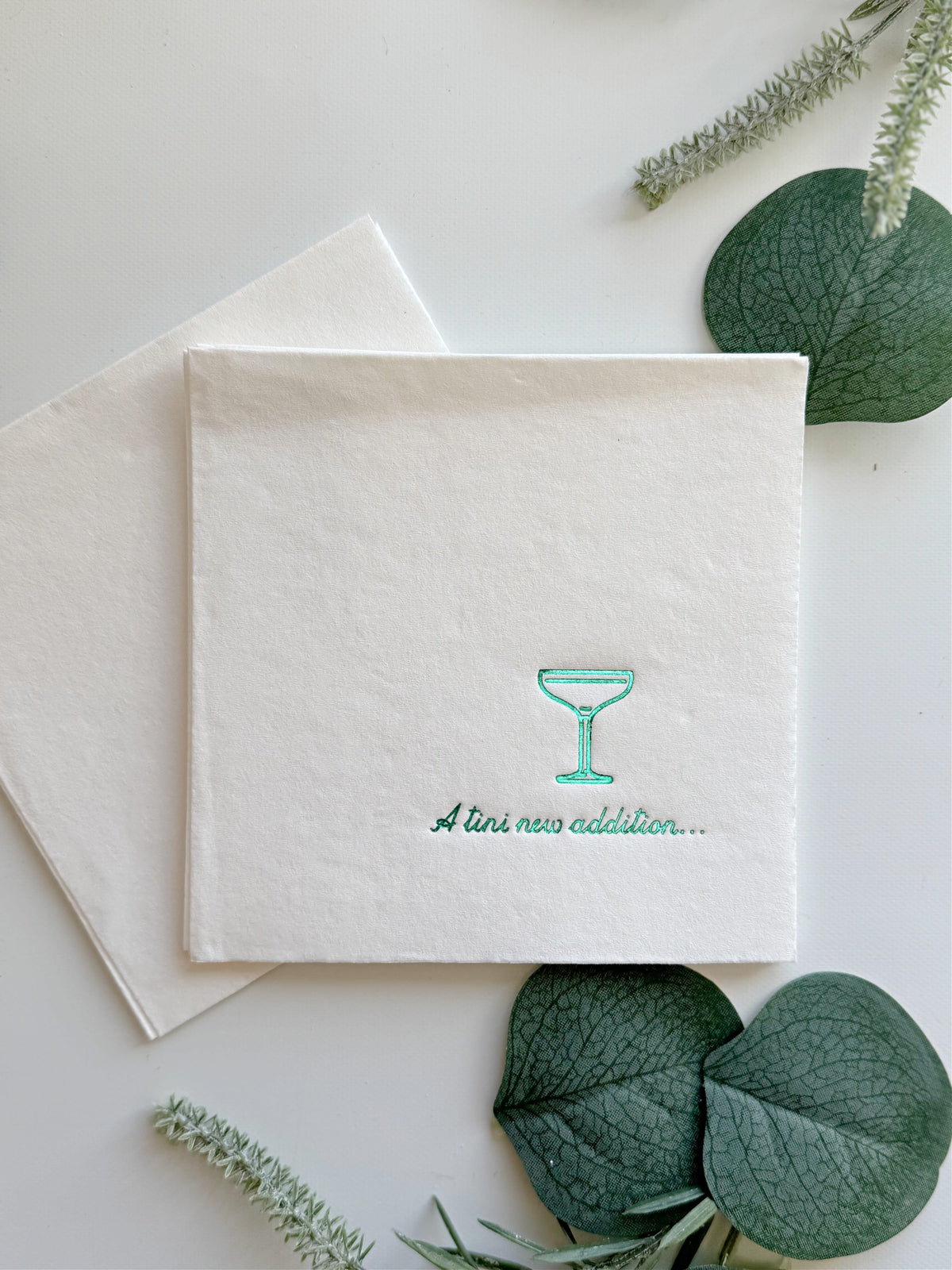 A Tini New Addition Cocktail Napkins - Green Foil on White - Baby Shower Napkins