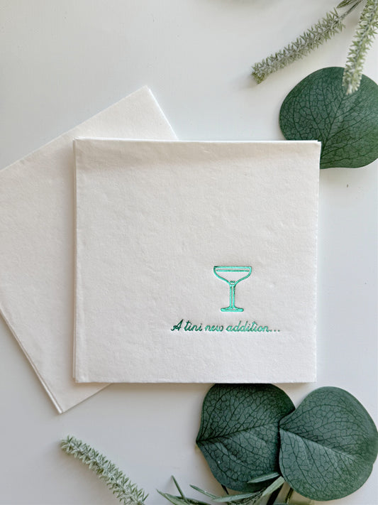 A Tini New Addition Cocktail Napkins - Green Foil on White - Baby Shower Napkins