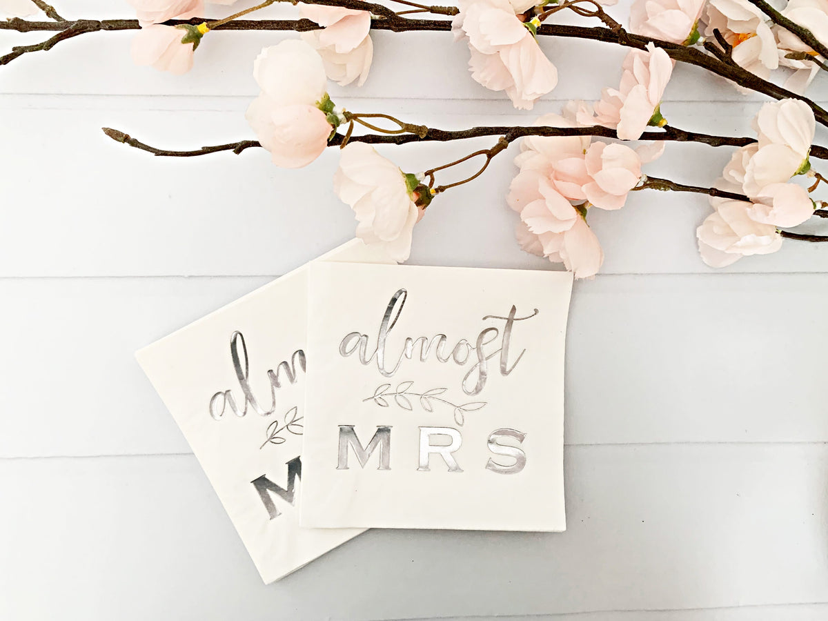 Almost Mrs. Bridal Shower Cocktail Napkins - White & Silver Foil Botanical