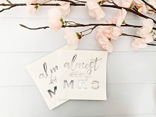 Almost Mrs. Bridal Shower Cocktail Napkins - White & Silver Foil Botanical