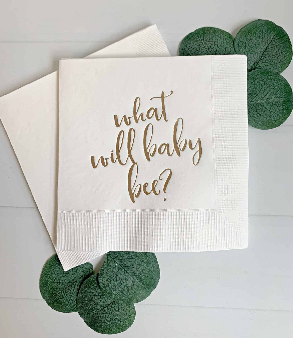 What Will Baby Bee? Gender Reveal Napkins - White with Gold