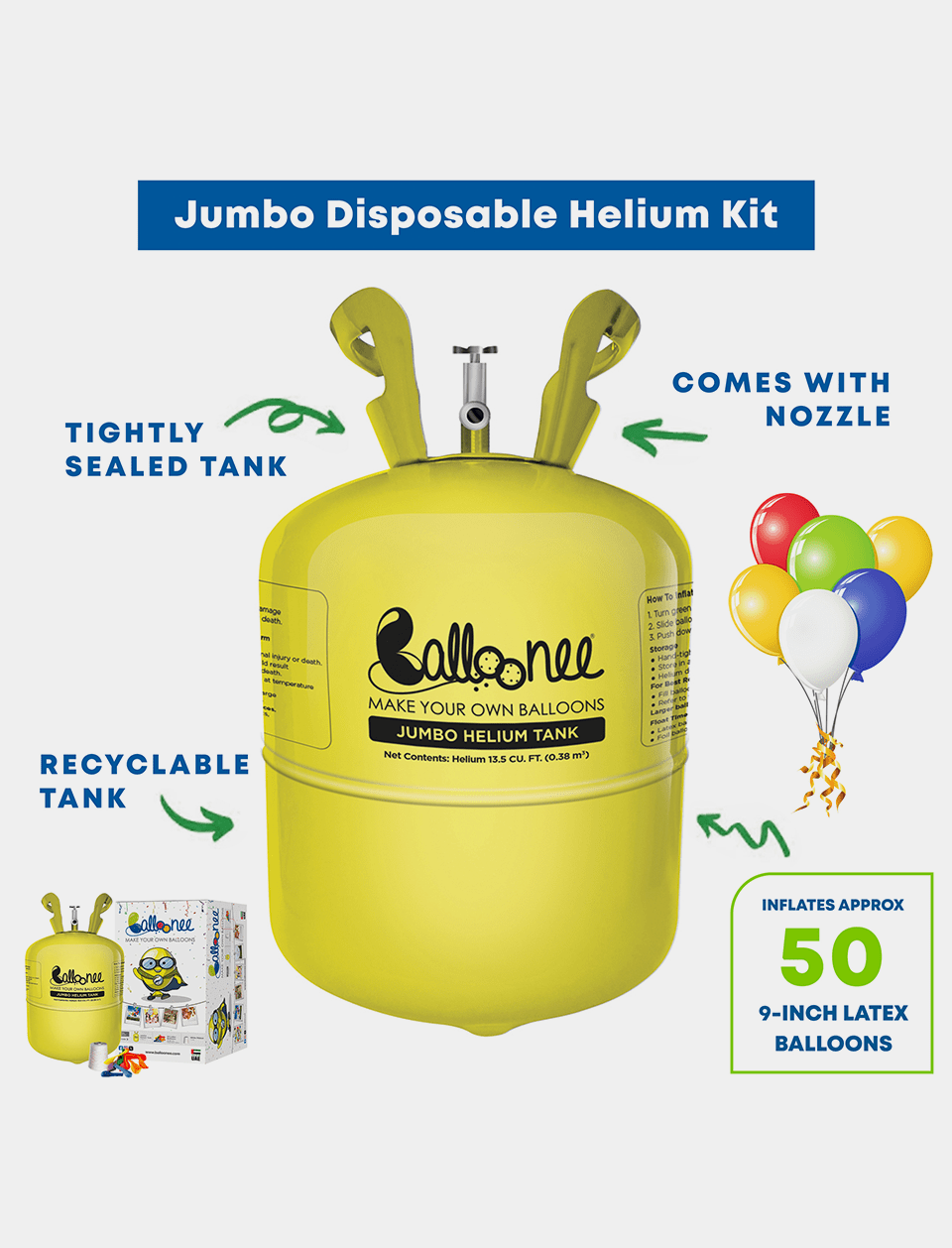 Balloonee Jumbo Disposable Helium Party Kit - Combo Pack of 3
