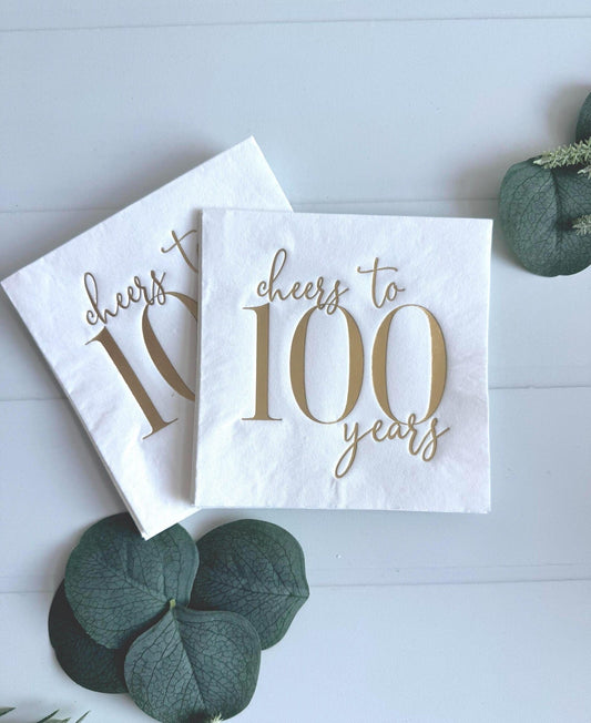 Cheers to 100 Years Cocktail Napkins White & Gold - 100th Birthday Party