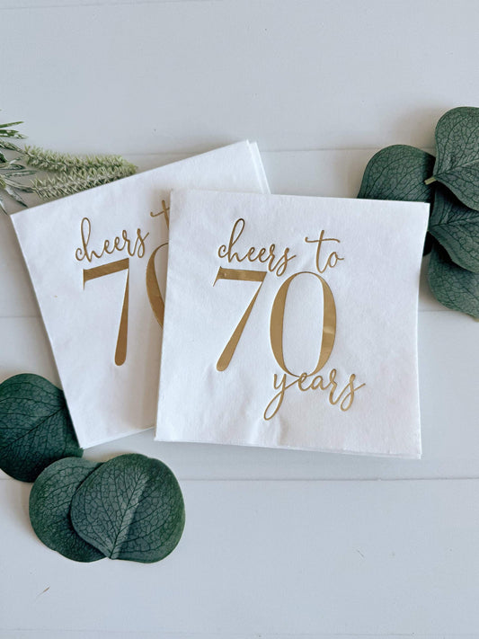 Cheers to 70 Years Cocktail Napkins – White & Gold Foil