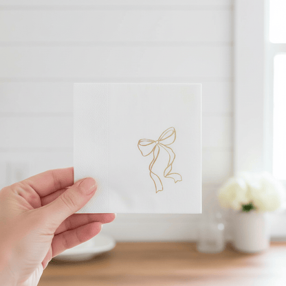 She's Tying the Knot Cocktail Napkins - Gold Foil Bow on White - Coquette Bridal Shower