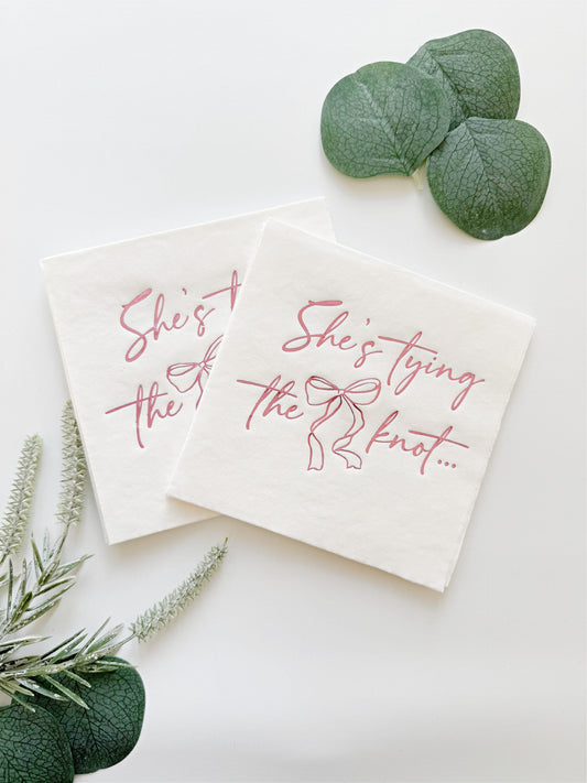 She's Tying the Knot Cocktail Napkins – Pink & White Bridal Shower Napkins