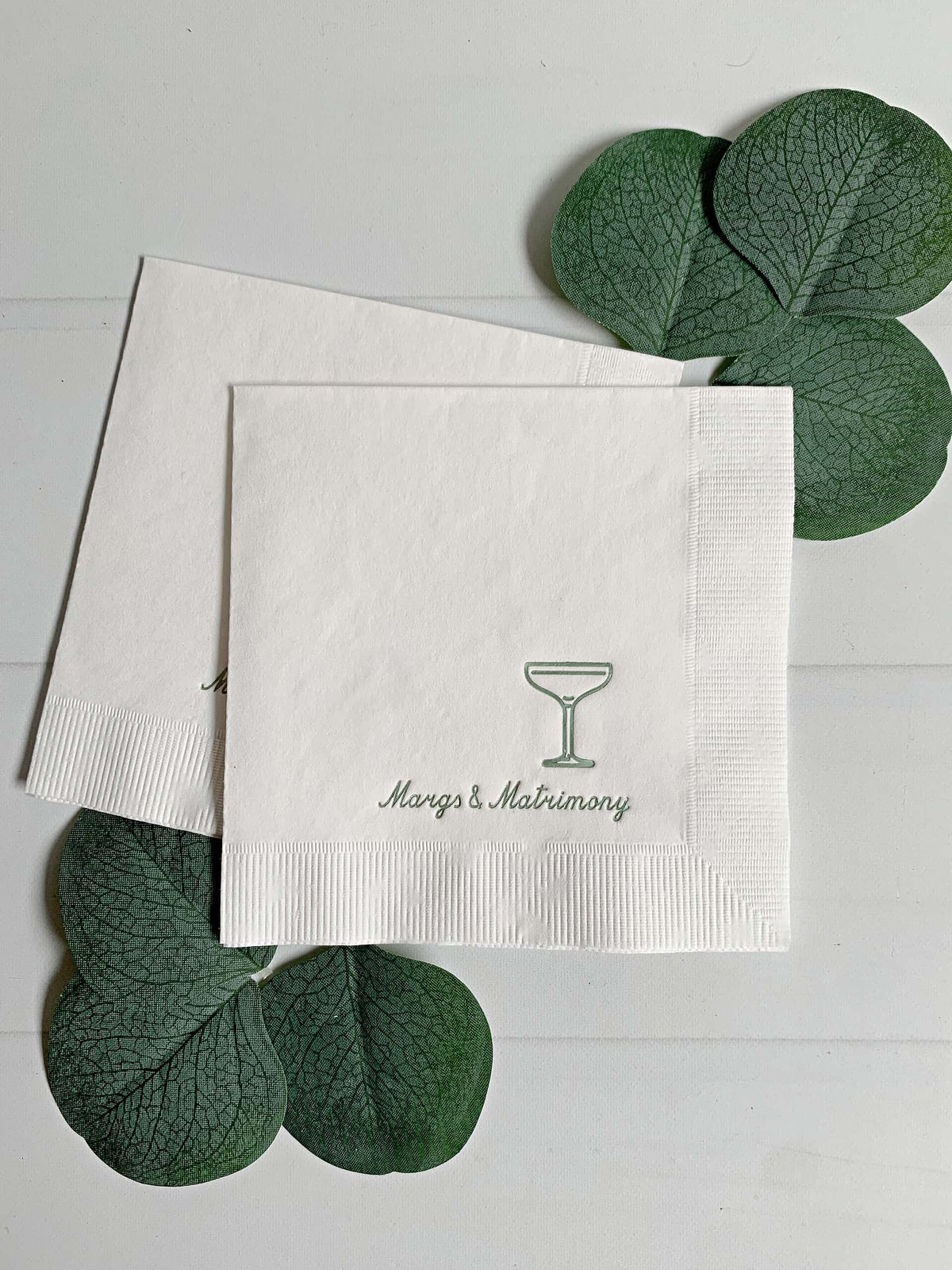 Margaritas & Matrimony Cocktail Napkins – Sage Green Foil Bachelorette Napkins